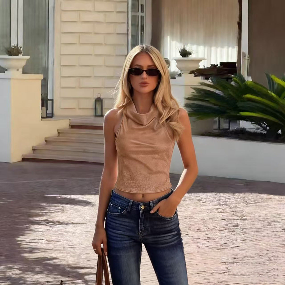 Bareback strap imitation suede top for women