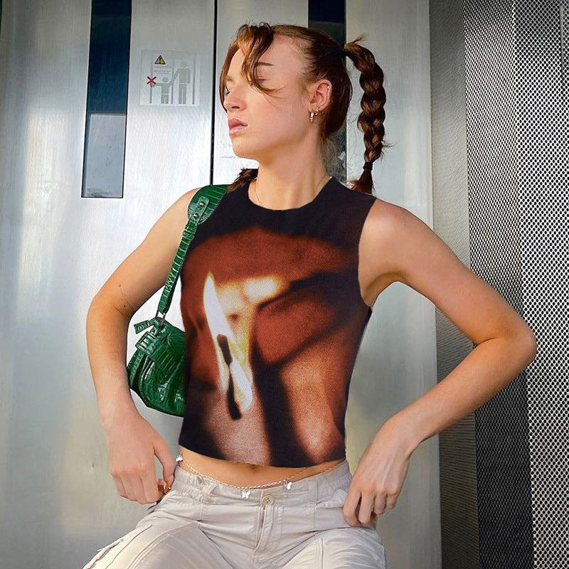Women's Summer New Trendy Round Neck Sleeveless Crop Top Slim Printed Short Top for Women