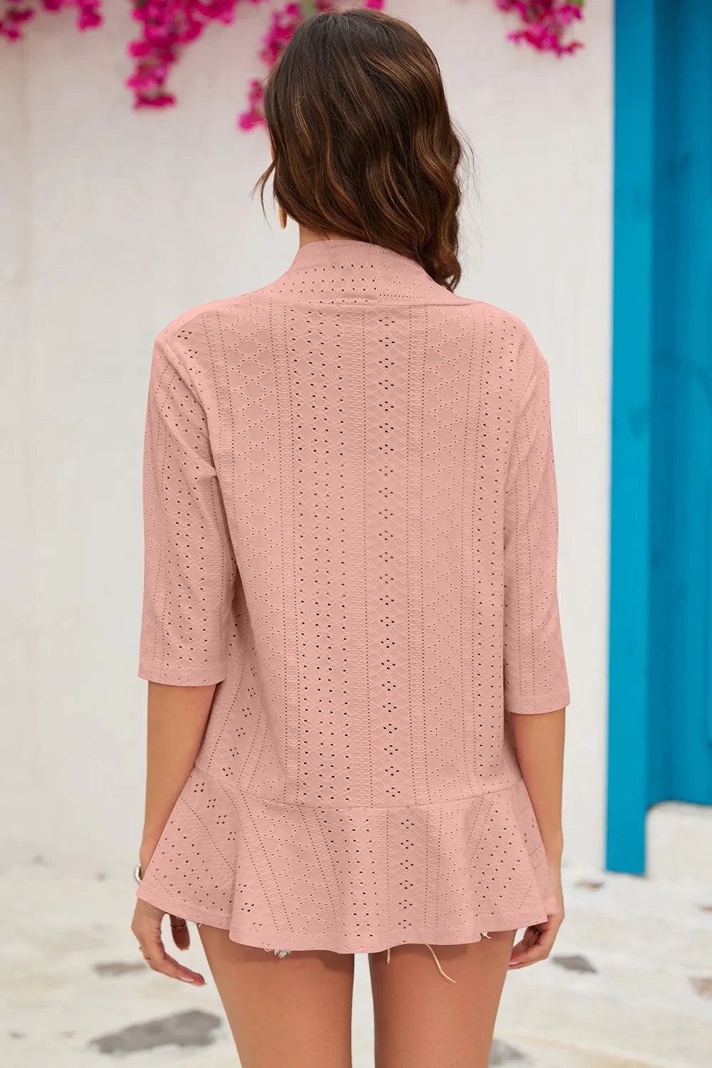 Solid color cardigan jacket with three quarter sleeves and ruffle edge top for women
