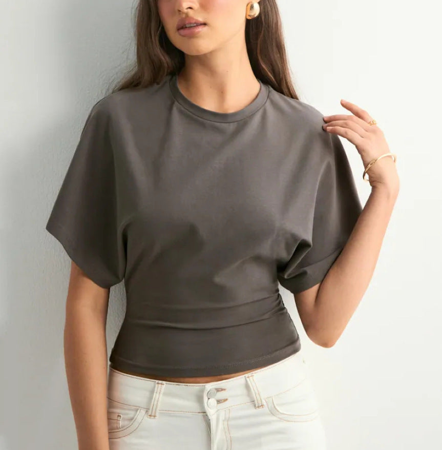 Fashion Sense Round Neck Pullover Short Sleeve T-Shirt for Women, Simple and Versatile Solid Color Loose Top