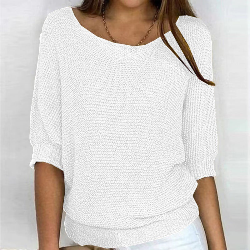 Round neck knitted sweater with elegant three quarter sleeve top for women