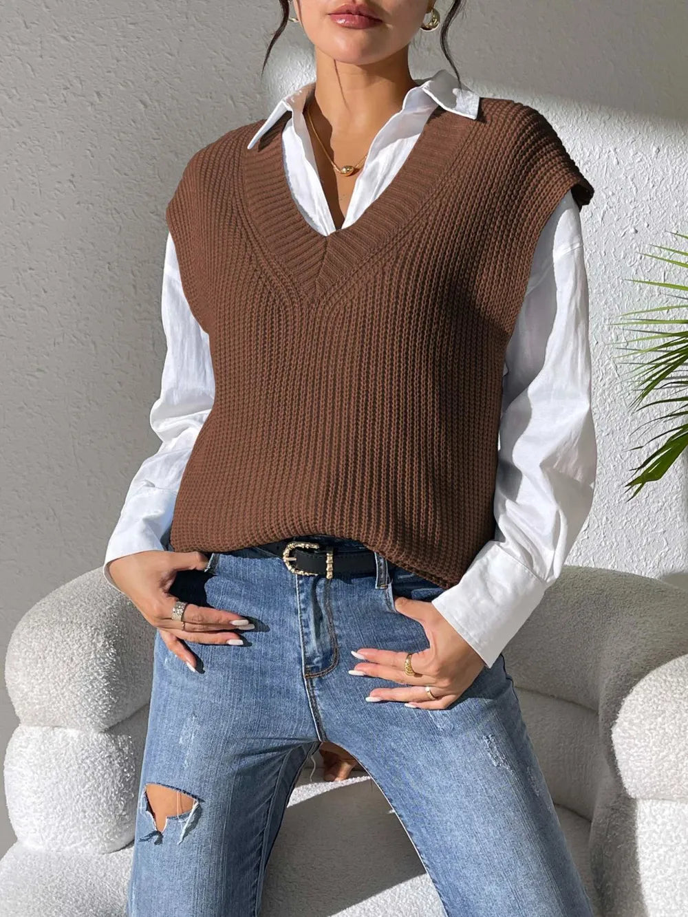 Women's Spring and Autumn New Style V-neck Simple Vest Woven Sweater Clip