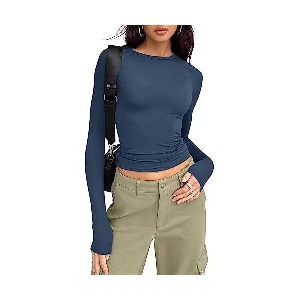 Crop Top Streetwear Women Solid Color Round Neck Long Sleeve T Shirt Basic Sweats Casual Tee Cropped
