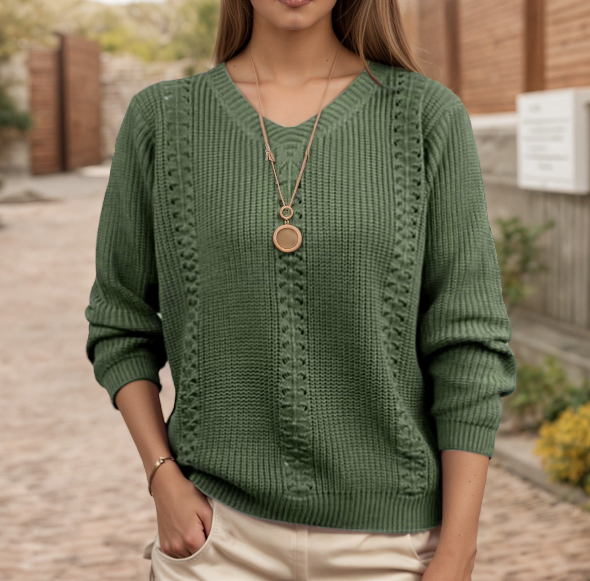 V-neck solid color long sleeved pullover sweater for women