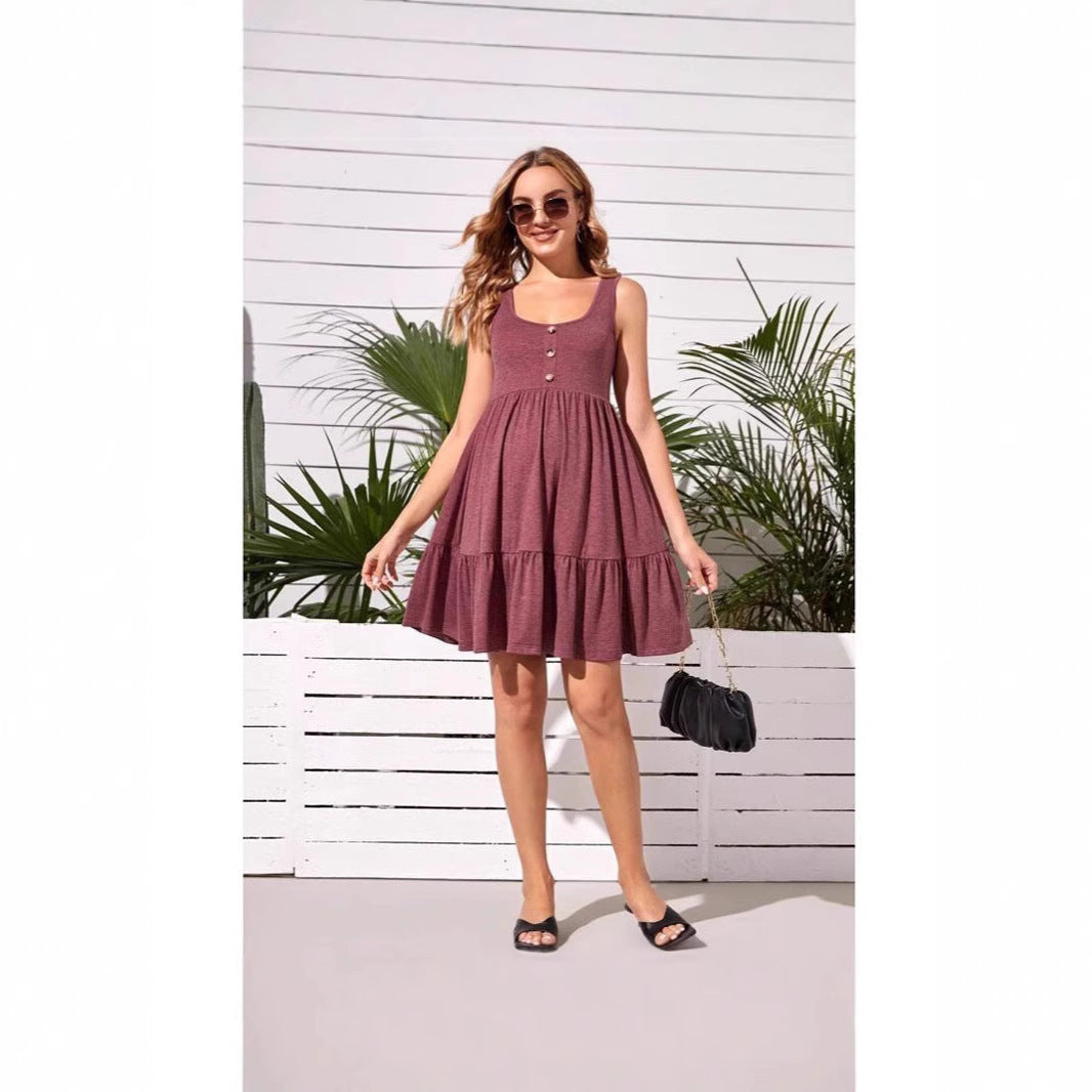Maternity Dress with Ruffle Button Front, A-Line Silhouette, Sleeveless Design