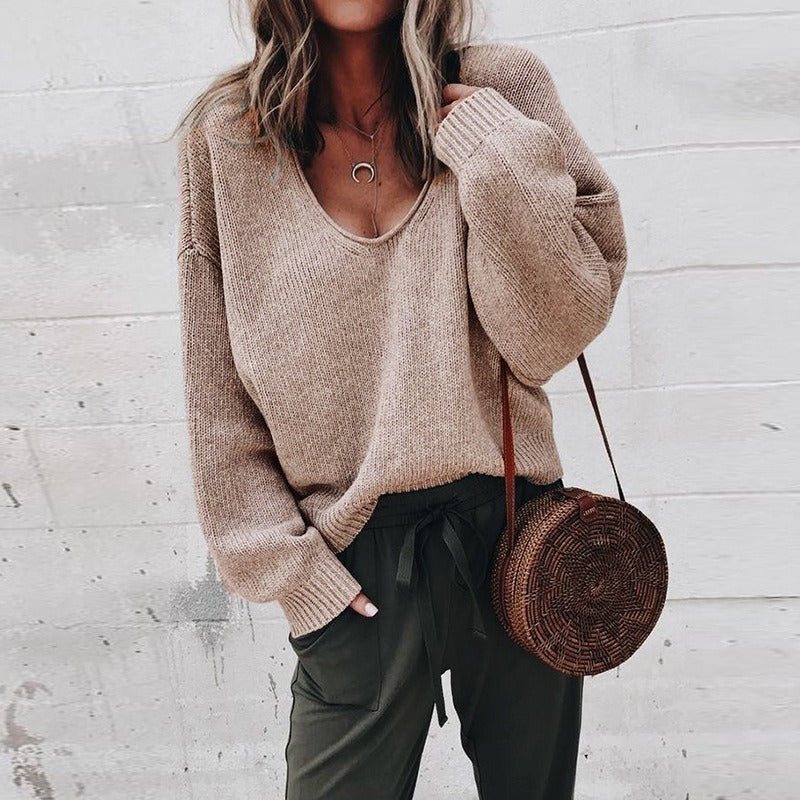 Winter New Foreign Trade European and American Women's Sweater V-neck Long sleeved Loose Pullover Knitted Bottom