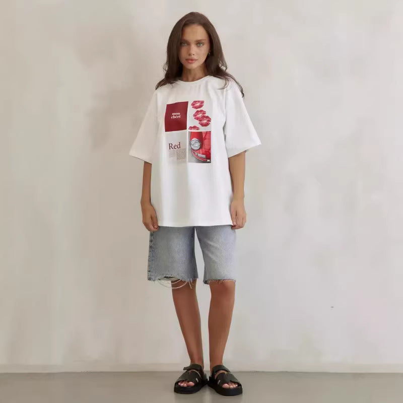 Cotton Short Sleeve T-Shirt Women Summer  New Loose Casual Versatile Fashion Printed Top Ins Style