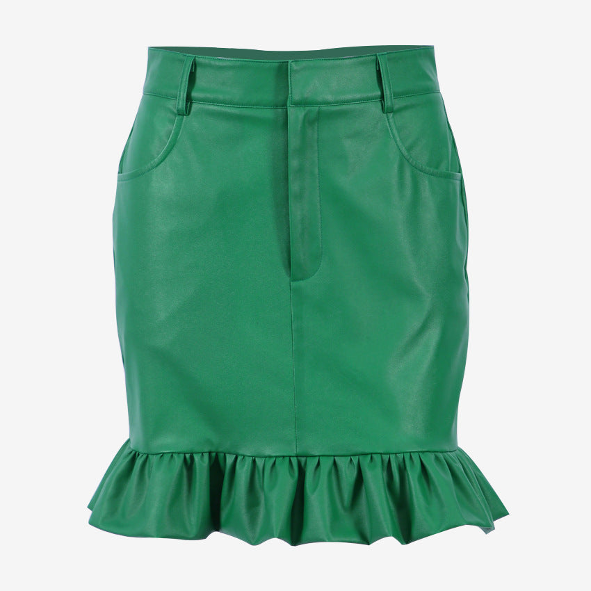 Temperament Autumn And Winter Women's Short Skirts High Waist Leather Skirt Commuter PU Green Skirt