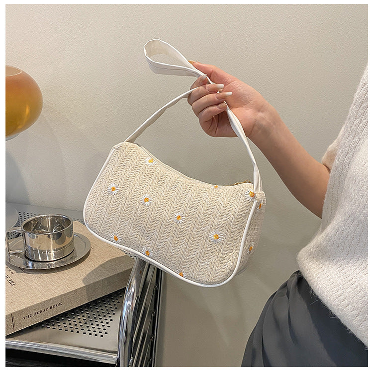Popular Summer Straw Woven Bag Women's Western Style Lace Flower Woven Bag Simple Ladies Shoulder Underarm Bag