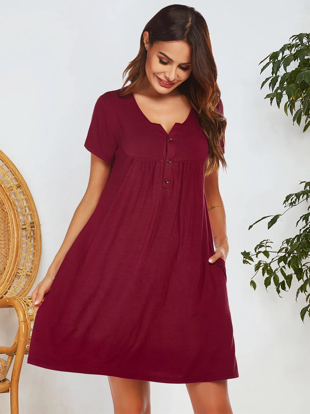 Spring and summer short sleeved pocket top button home clothes pajamas for women