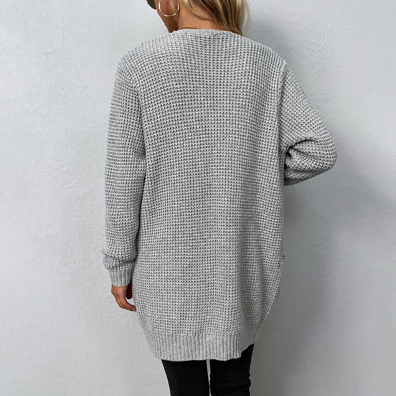 Women's knitted sweater, solid color pocket sweater, women's cardigan jacket