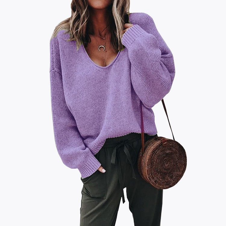 Winter New Foreign Trade European and American Women's Sweater V-neck Long sleeved Loose Pullover Knitted Bottom