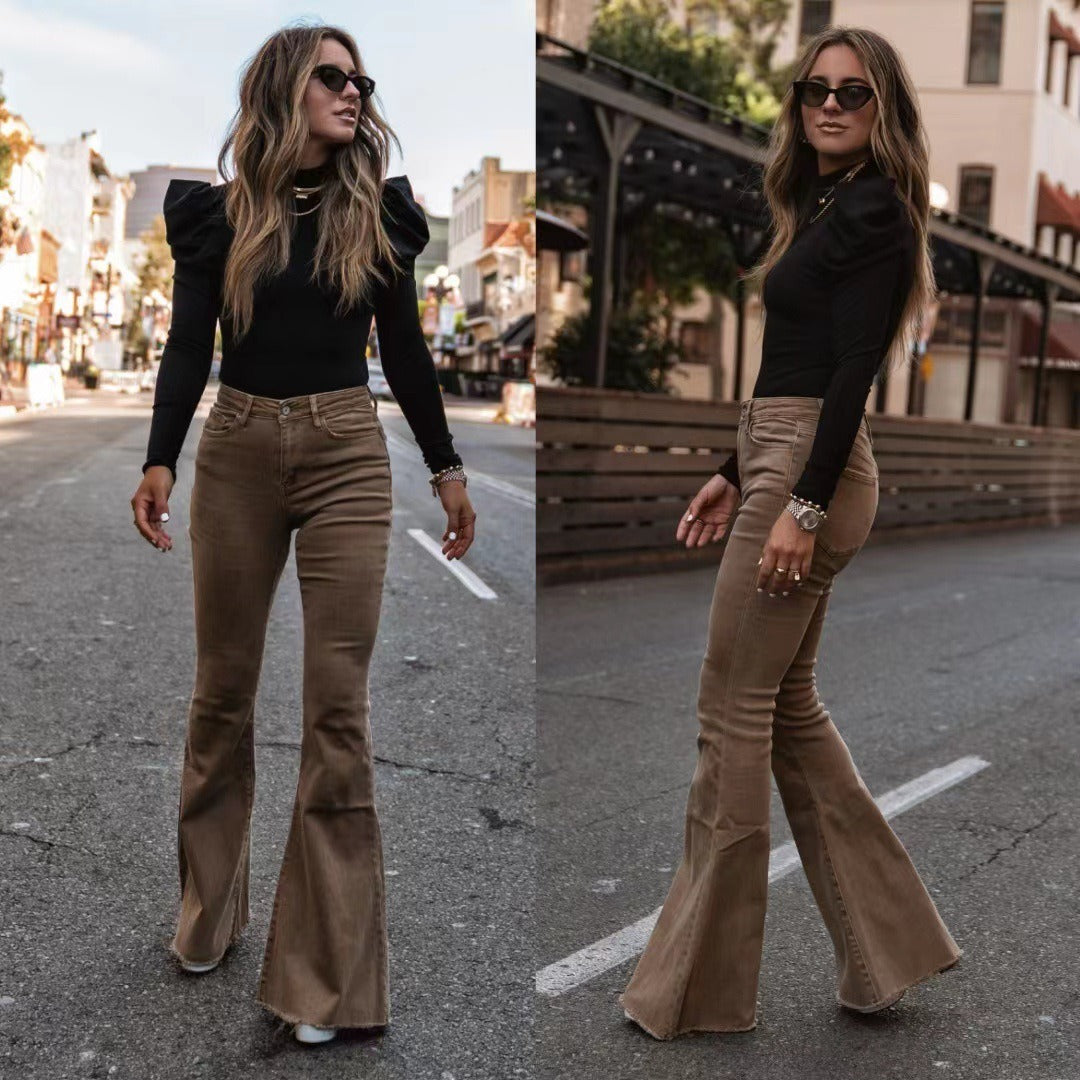 Autumn And Winter Women's Solid Color Mid Waist Slim Micro Flare Pants Corduroy Elastic Waist Casual Pants