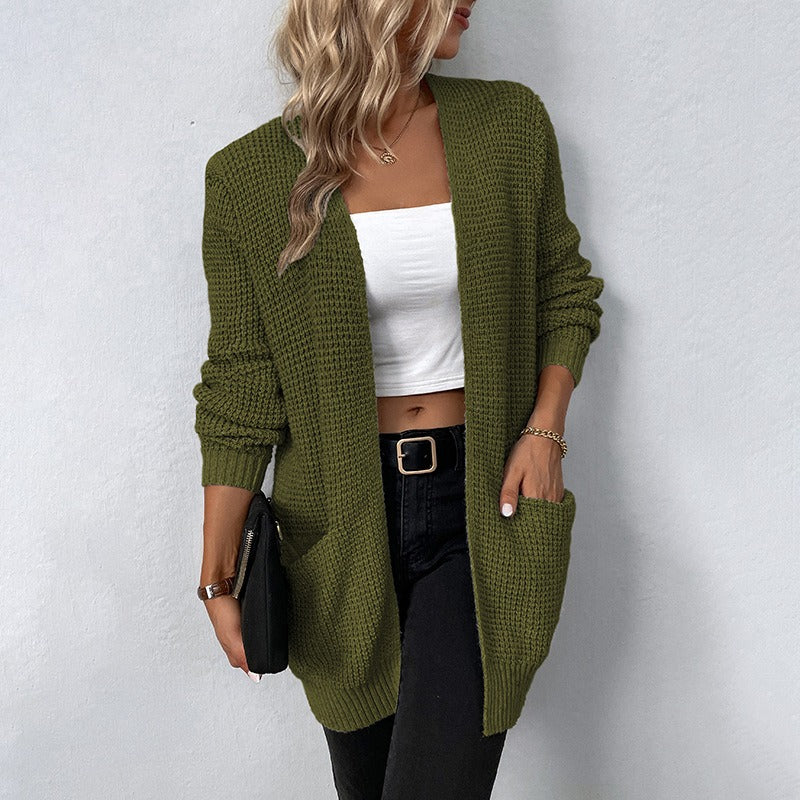 Women's knitted sweater, solid color pocket sweater, women's cardigan jacket