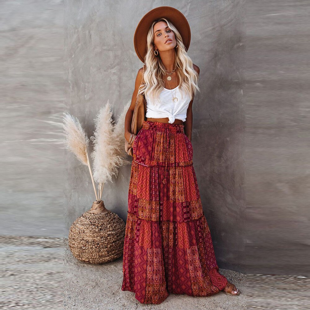 New Bohemian Skirts Casual High Waist Printing Maxi Skirts Ruffled Chic Style Holiday Skirts A-line Long Pleated Skirt