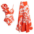 One-Shoulder Ruffle Cut-Out Printed One-Piece Swimsuit with Skirt for Women