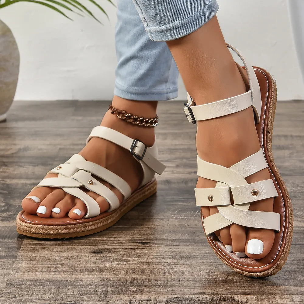 Roman style woven thick soled sandals for women with cross straps and beach sandals