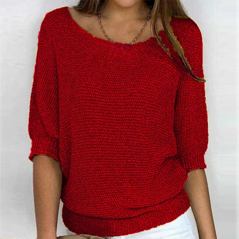 Round neck knitted sweater with elegant three quarter sleeve top for women