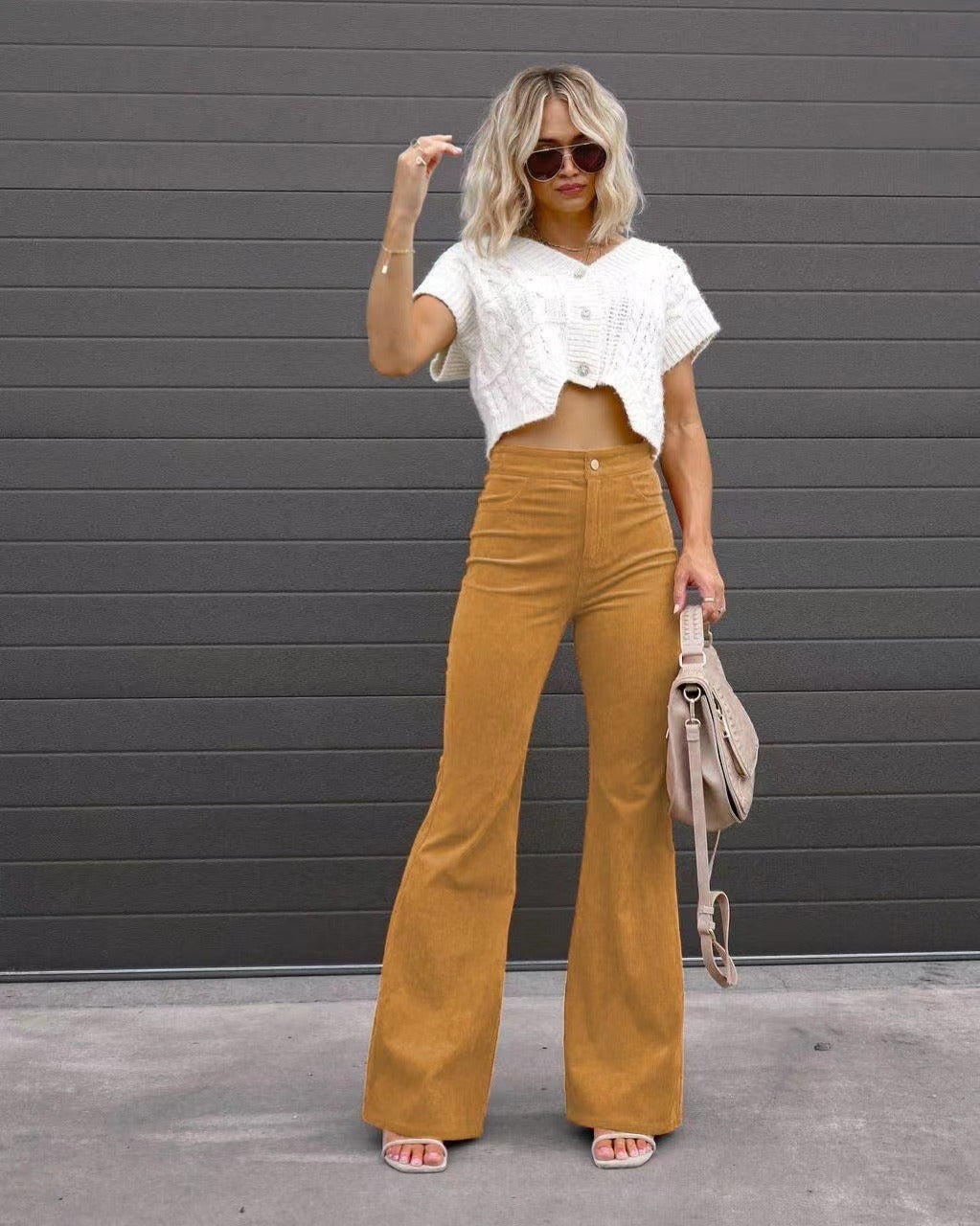 Autumn And Winter Women's Solid Color Mid Waist Slim Micro Flare Pants Corduroy Elastic Waist Casual Pants
