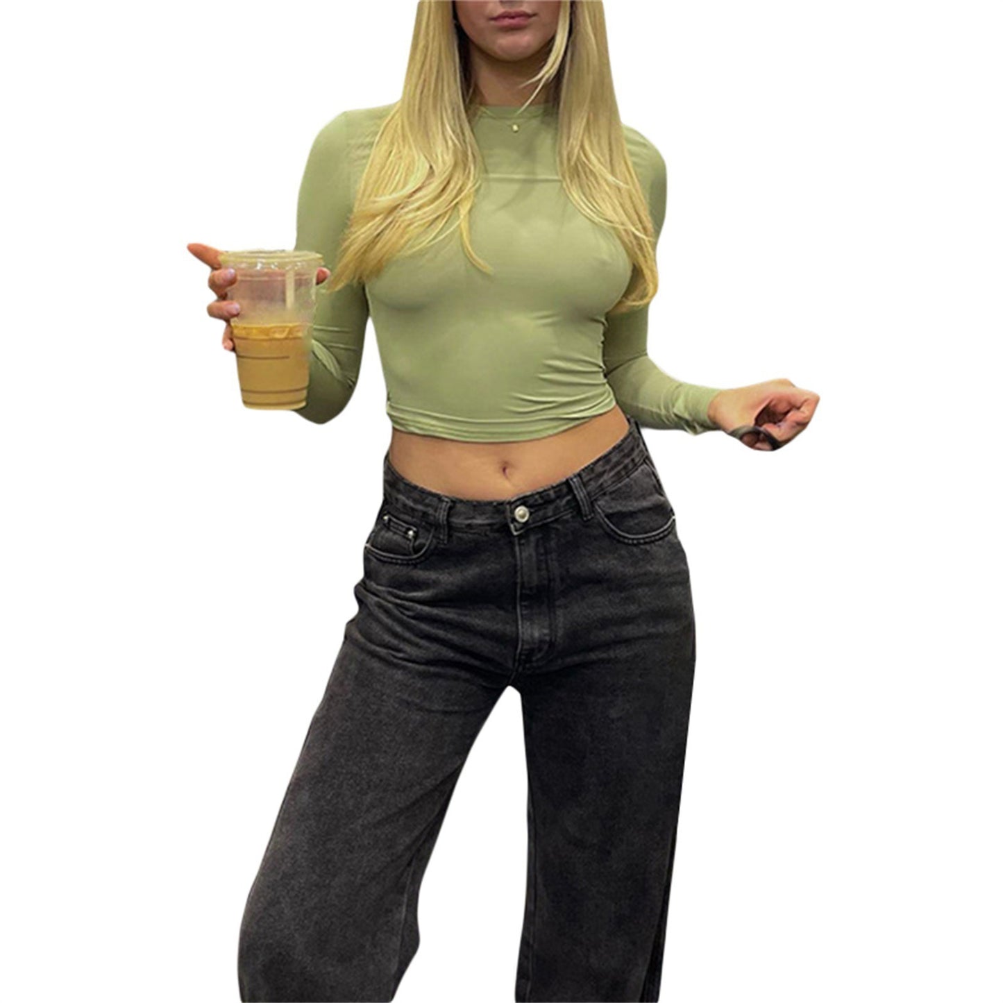 Crop Top Streetwear Women Solid Color Round Neck Long Sleeve T Shirt Basic Sweats Casual Tee Cropped