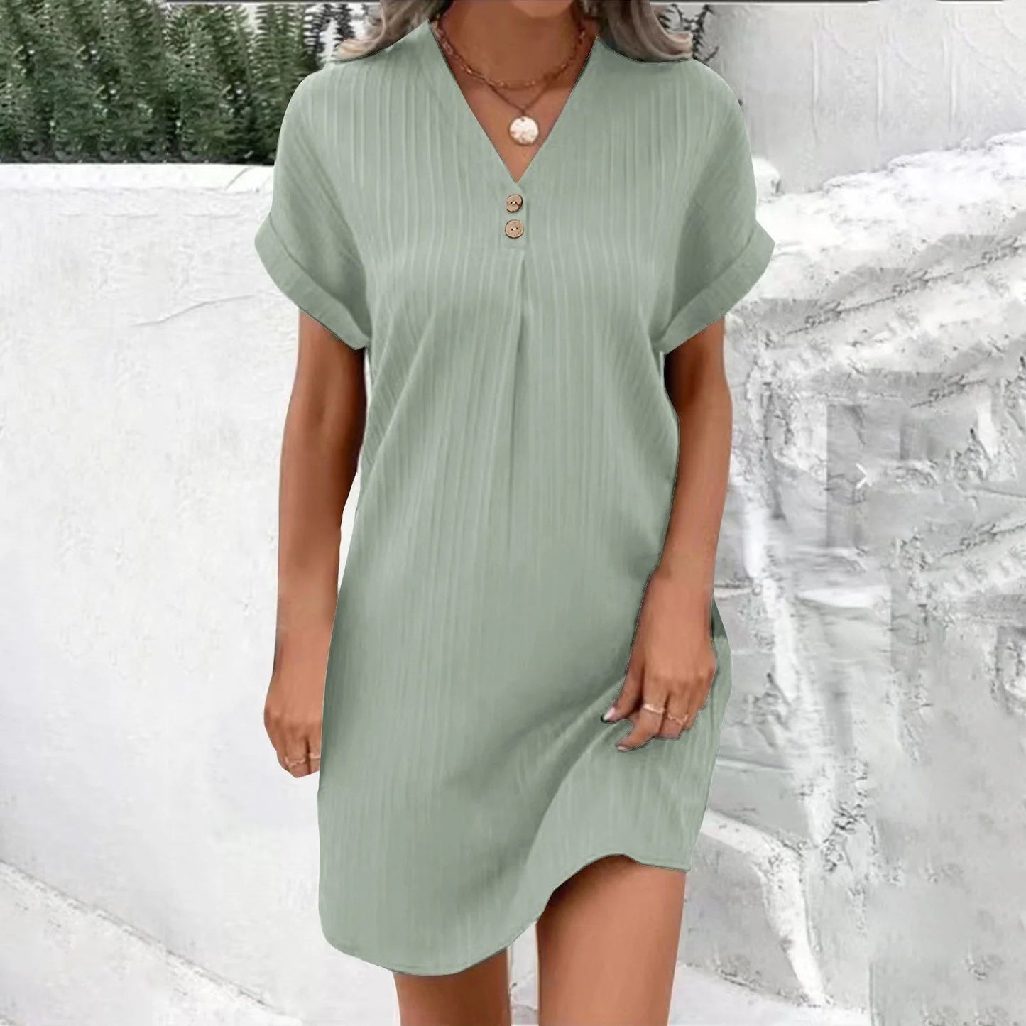 Style Solid Color Long Sleeve Buttoned A-line Casual Dress