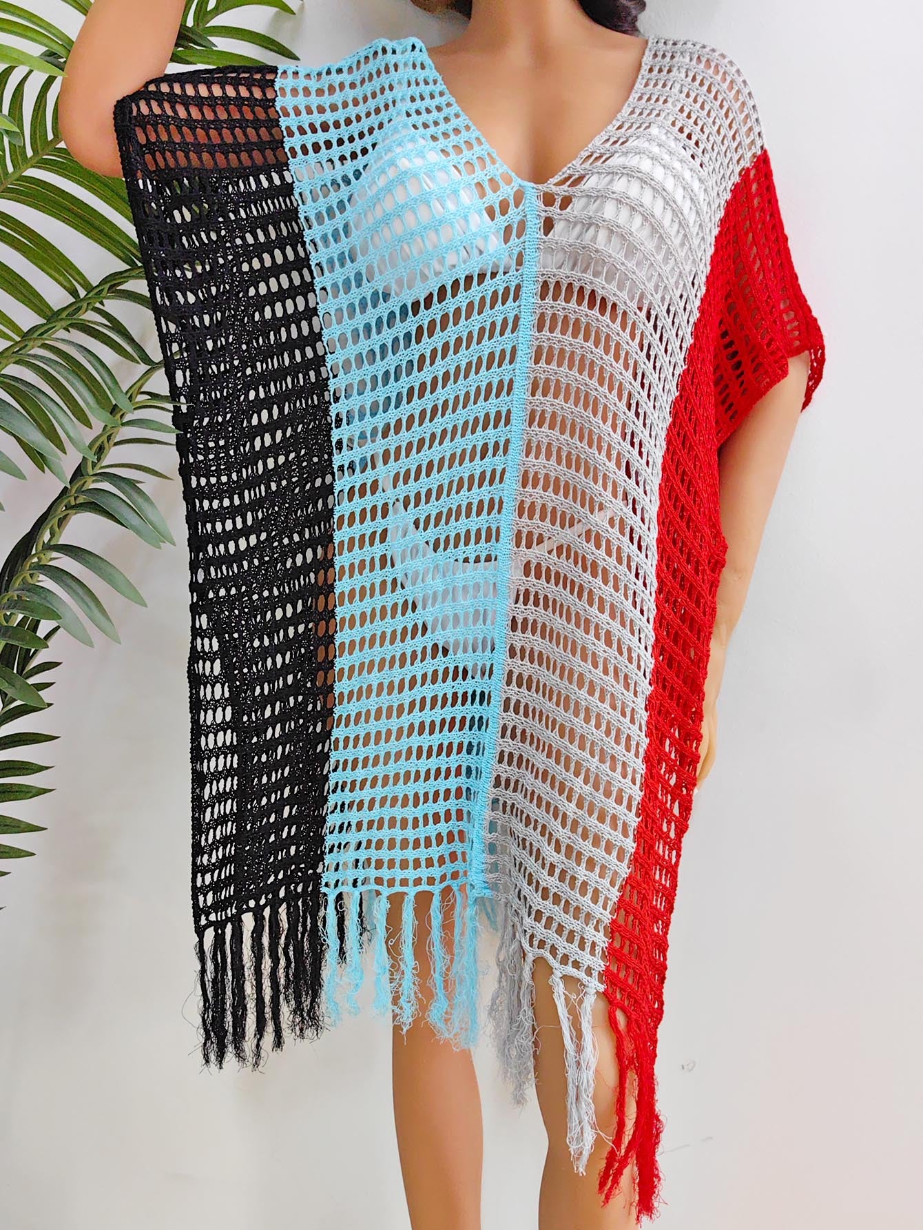 Beach Vacation Bikini Color-Blocked Fringe Cover-Up