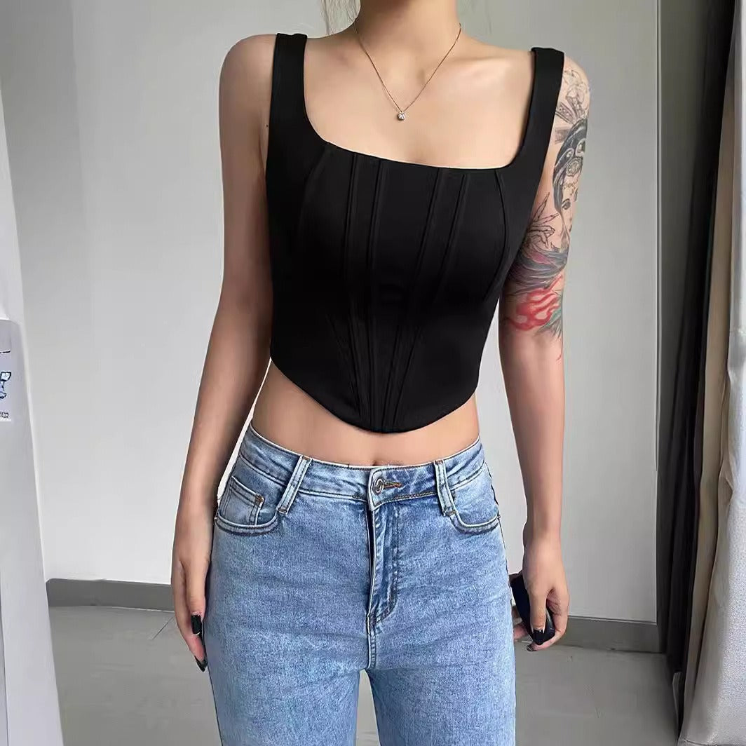 Sexy European and American large square collar low-cut tight bottoming vest women's short belly-exposing top