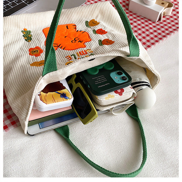 New Cute Tiger Year Embroidery Striped Velvet Handbag Casual All-Match Large Capacity Lunch Bag Fashion Walking Bend Mommy Bag