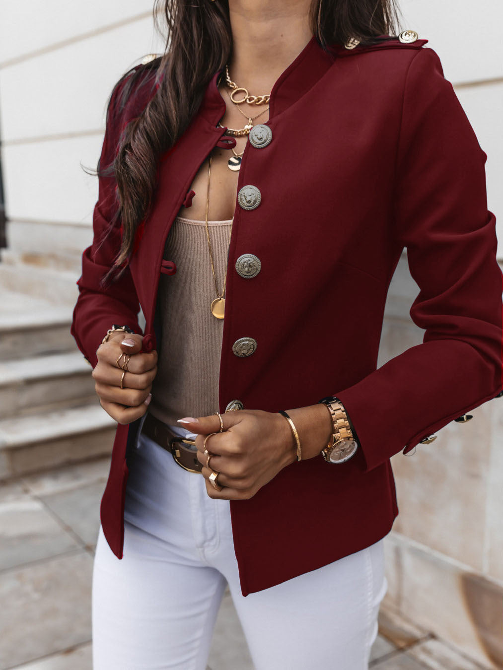 Fashionable Long Sleeve Fitted Buttoned Blazer Short Jacket