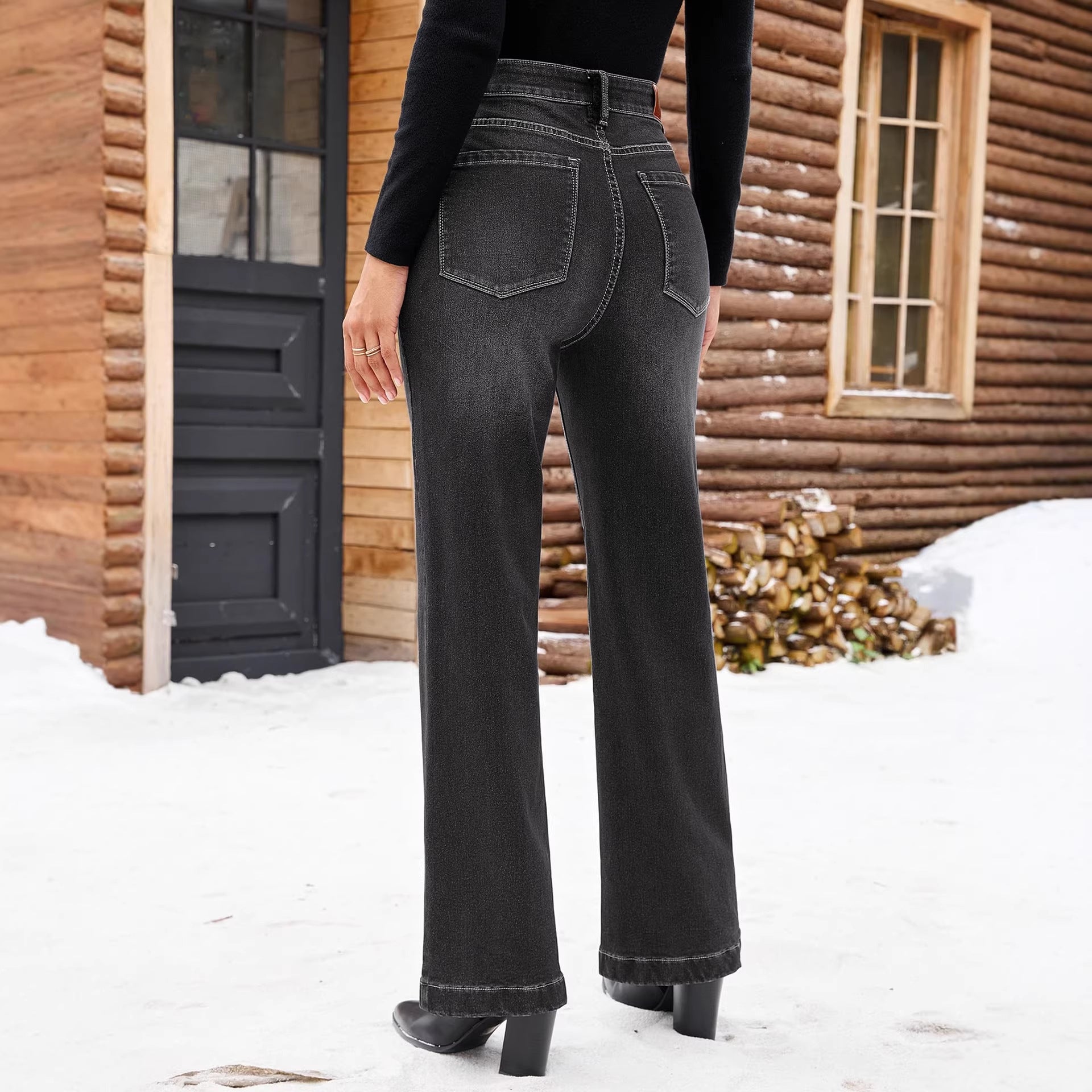 Women's Jeans, Black Gray Fashion Simple Slim Straight Leg Denim Pants for Women