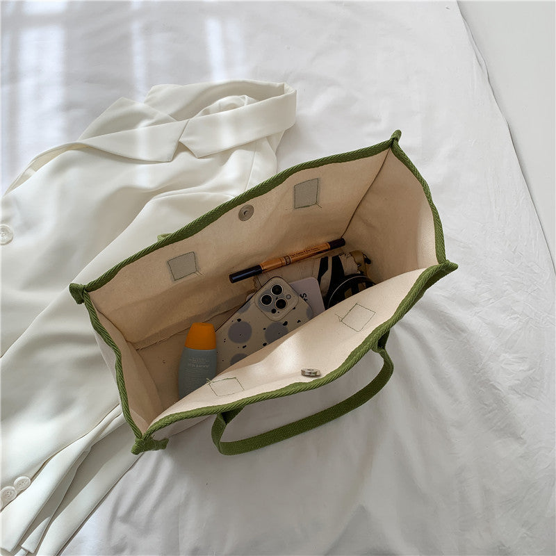 Large Capacity Contrast Color Canvas Bag Student Shoulder Bag Summer New Niche Design Simple Literary Tote Bag