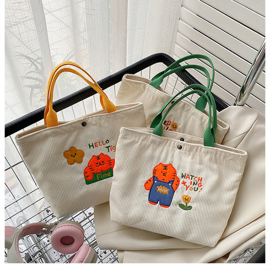 New Cute Tiger Year Embroidery Striped Velvet Handbag Casual All-Match Large Capacity Lunch Bag Fashion Walking Bend Mommy Bag