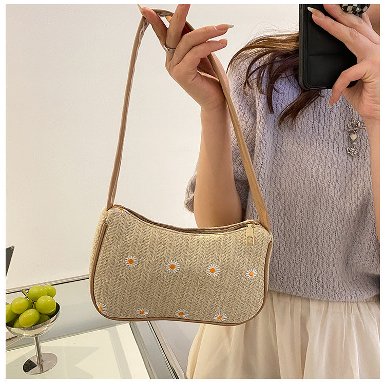 Popular Summer Straw Woven Bag Women's Western Style Lace Flower Woven Bag Simple Ladies Shoulder Underarm Bag
