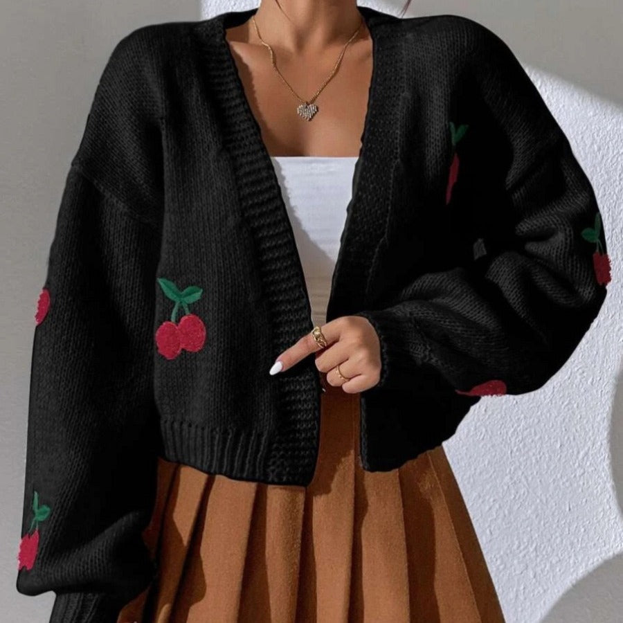 Cherry Embroidery Knit Cardigan for Women,Open Front Sweater
