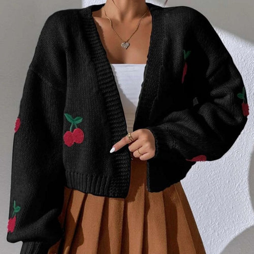 Cherry Embroidery Knit Cardigan for Women,Open Front Sweater