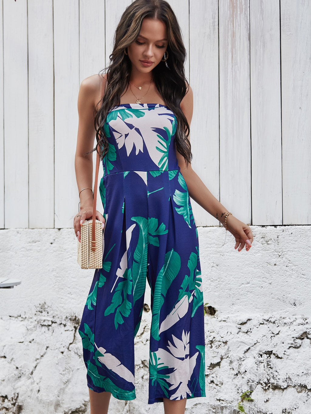 Sexy Chest Wrapped Digital Printed Jumpsuit Wide Leg Pants For Women