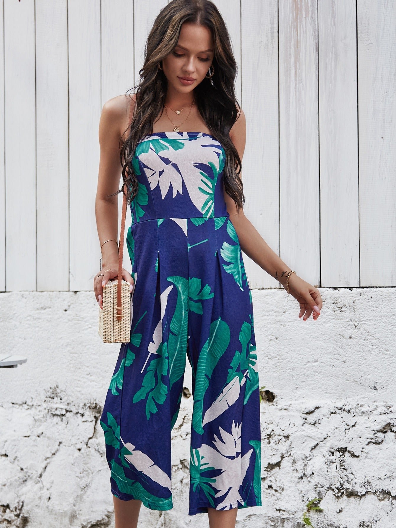 Sexy Chest Wrapped Digital Printed Jumpsuit Wide Leg Pants For Women