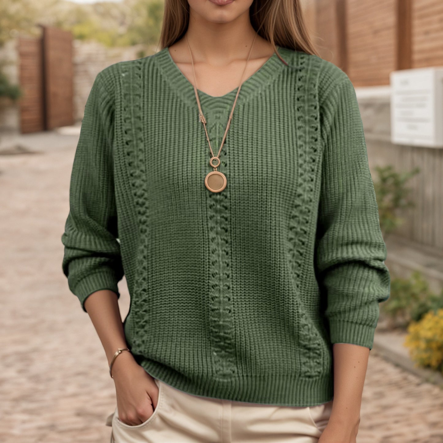 V-neck solid color long sleeved pullover sweater for women