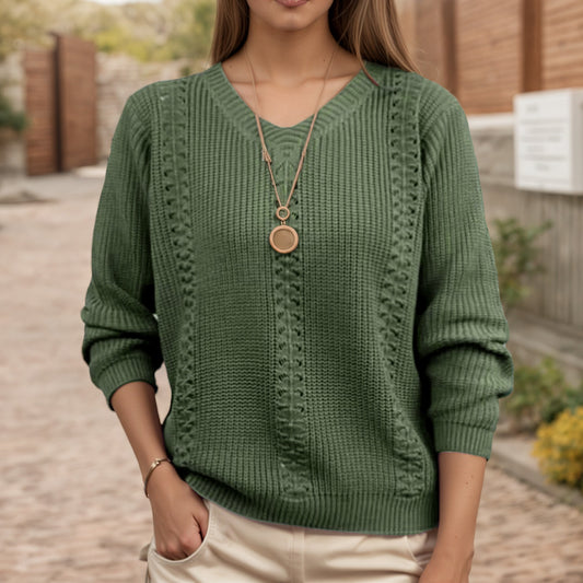 V-neck solid color long sleeved pullover sweater for women