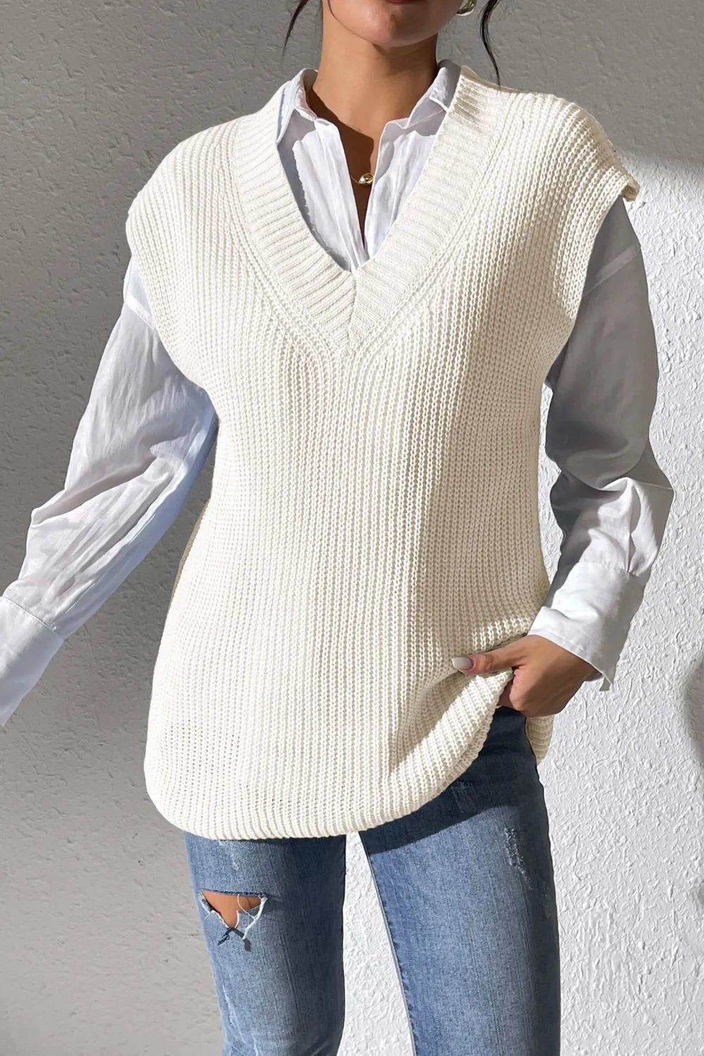 Women's Spring and Autumn New Style V-neck Simple Vest Woven Sweater Clip