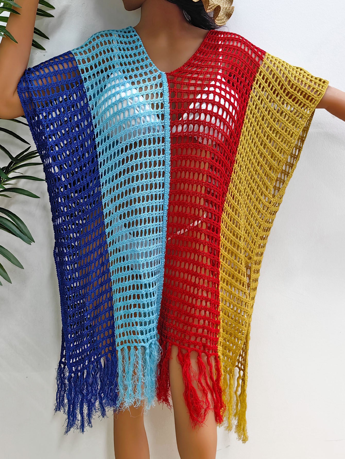 Beach Vacation Bikini Color-Blocked Fringe Cover-Up