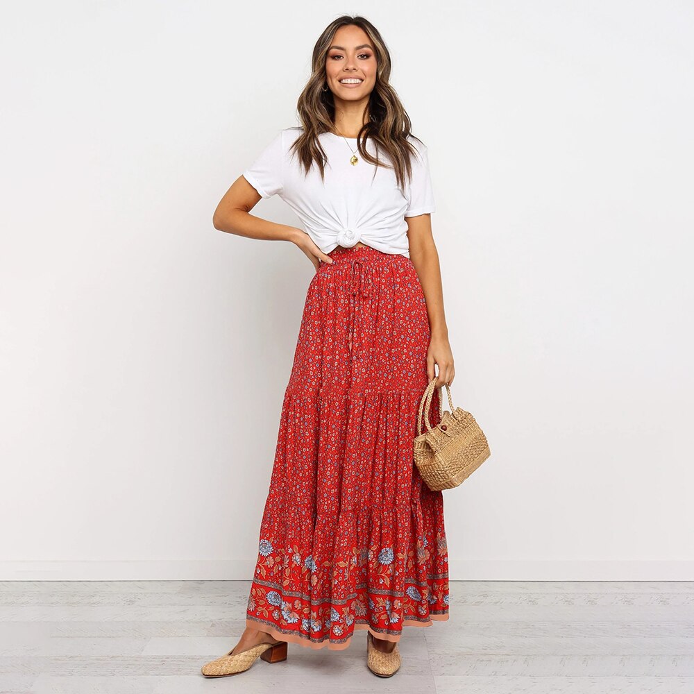 High Waist Long Skirts Womens Boho A-line Full Skirt Floral Print Drawstring Lace-Up Maxi Clothes White Summer Red Bohemian