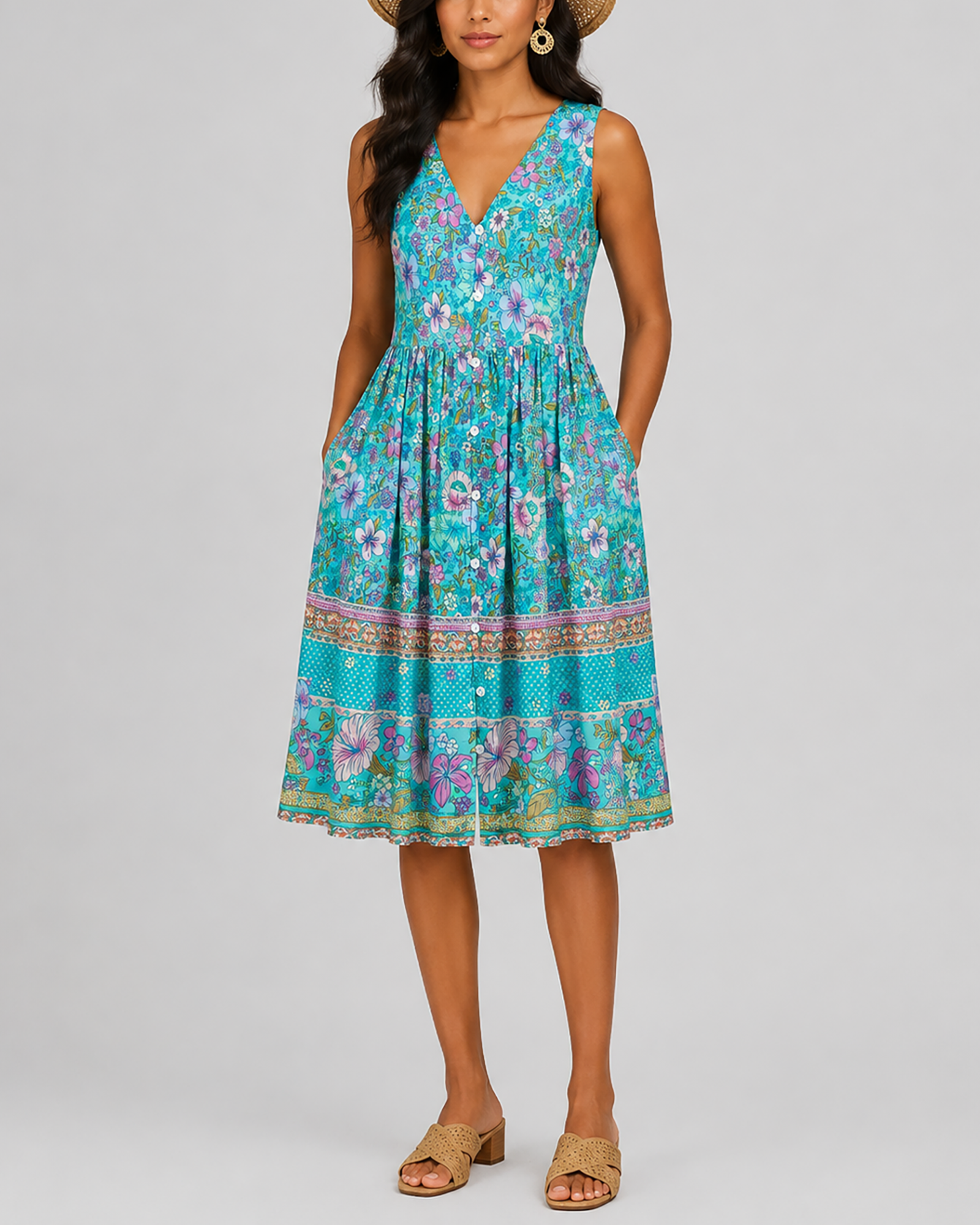 Vestido estampado escote pico sin mangas