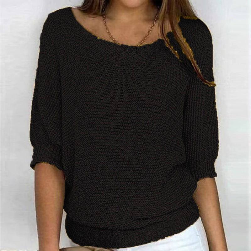 Round neck knitted sweater with elegant three quarter sleeve top for women