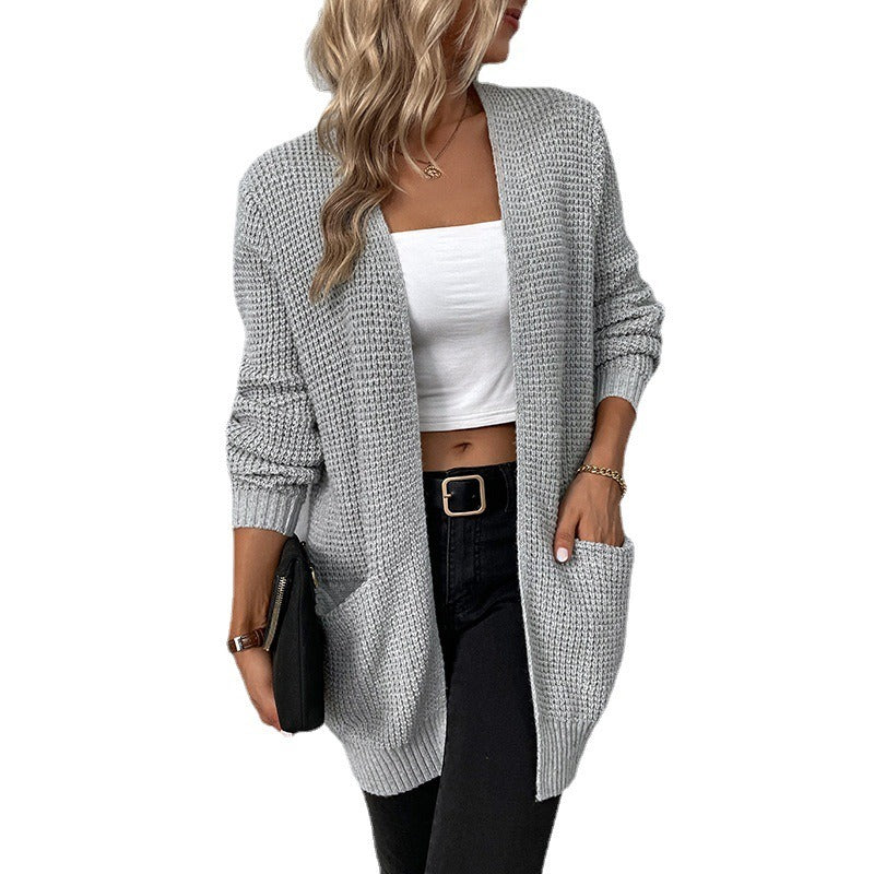 Women's knitted sweater, solid color pocket sweater, women's cardigan jacket