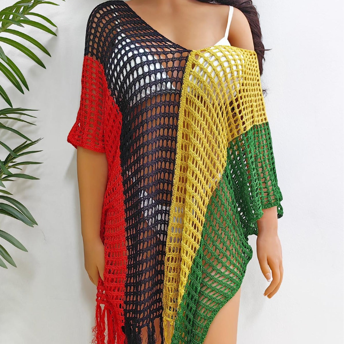 Beach Vacation Bikini Color-Blocked Fringe Cover-Up