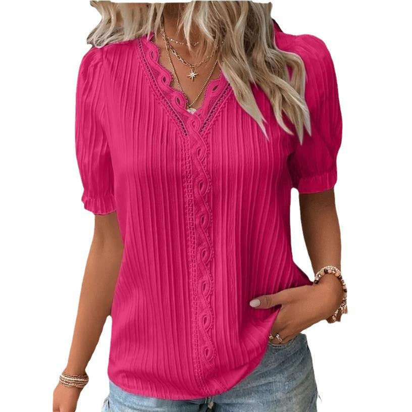 Fashion Hollow-Out Short Sleeve Shirt for Women, Summer Casual Vacation Style