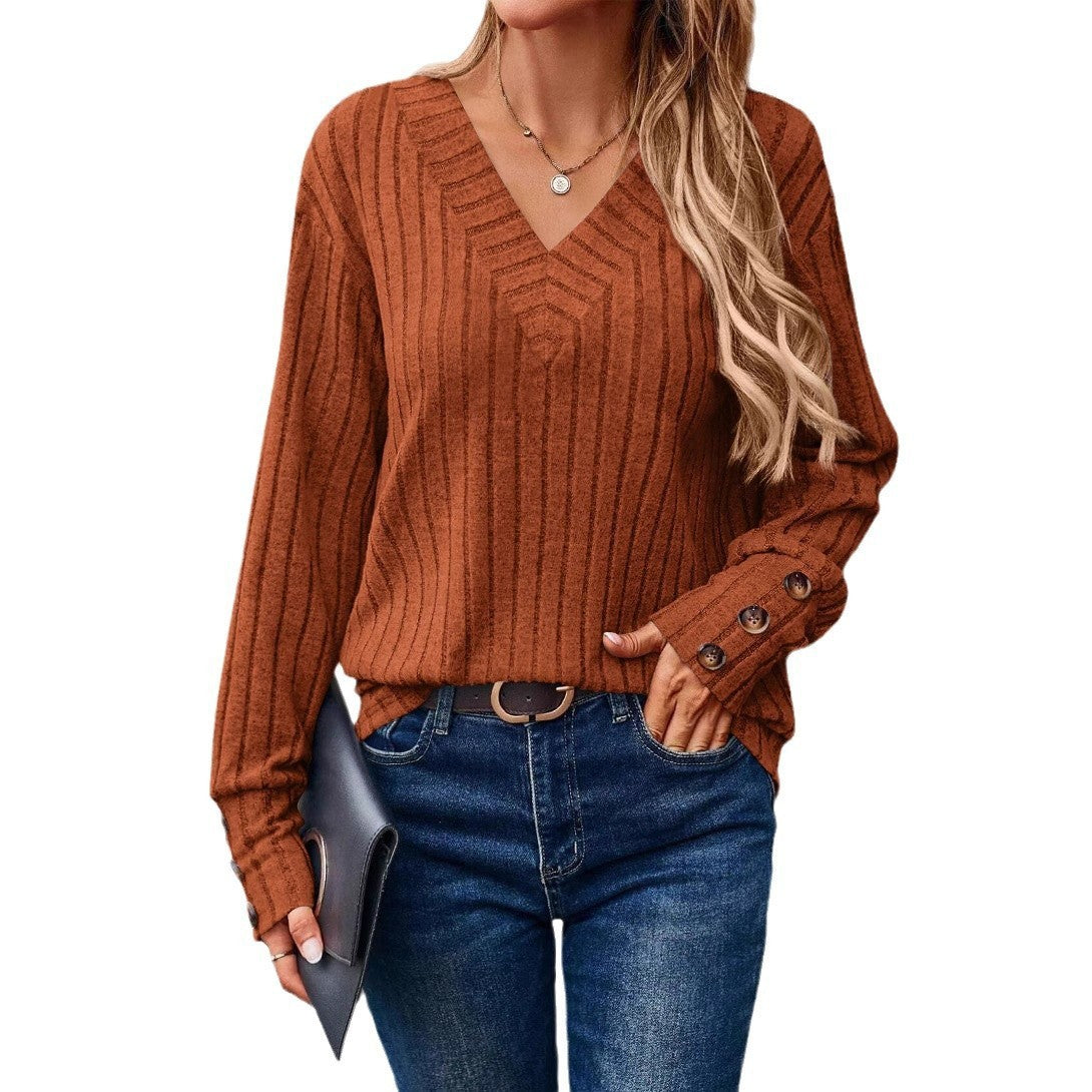 Decorative Button V-Neck Long Sleeve T-Shirt