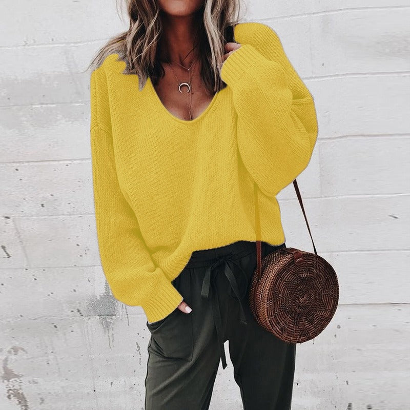 Winter New Foreign Trade European and American Women's Sweater V-neck Long sleeved Loose Pullover Knitted Bottom