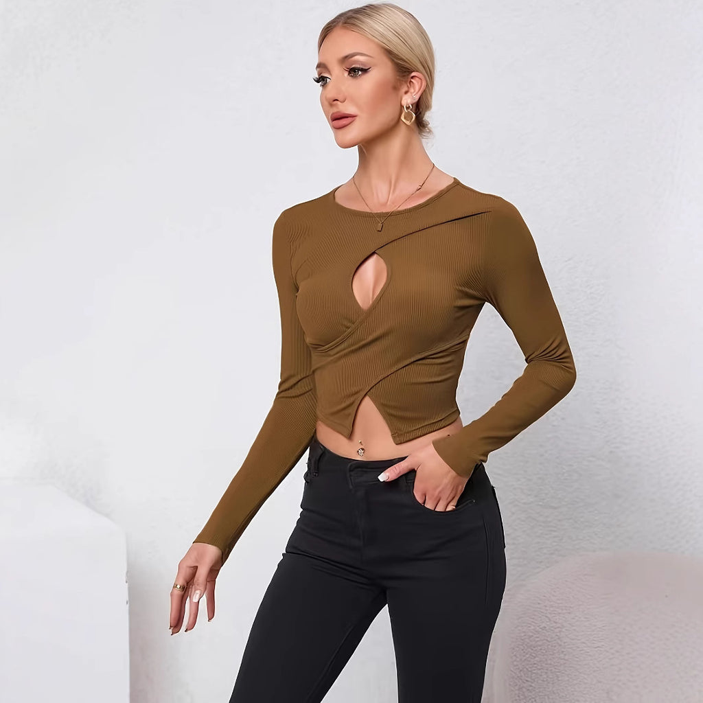 Round Neck Women's Long Sleeve Knit Versatile Solid Color Fitted Short Sexy Top